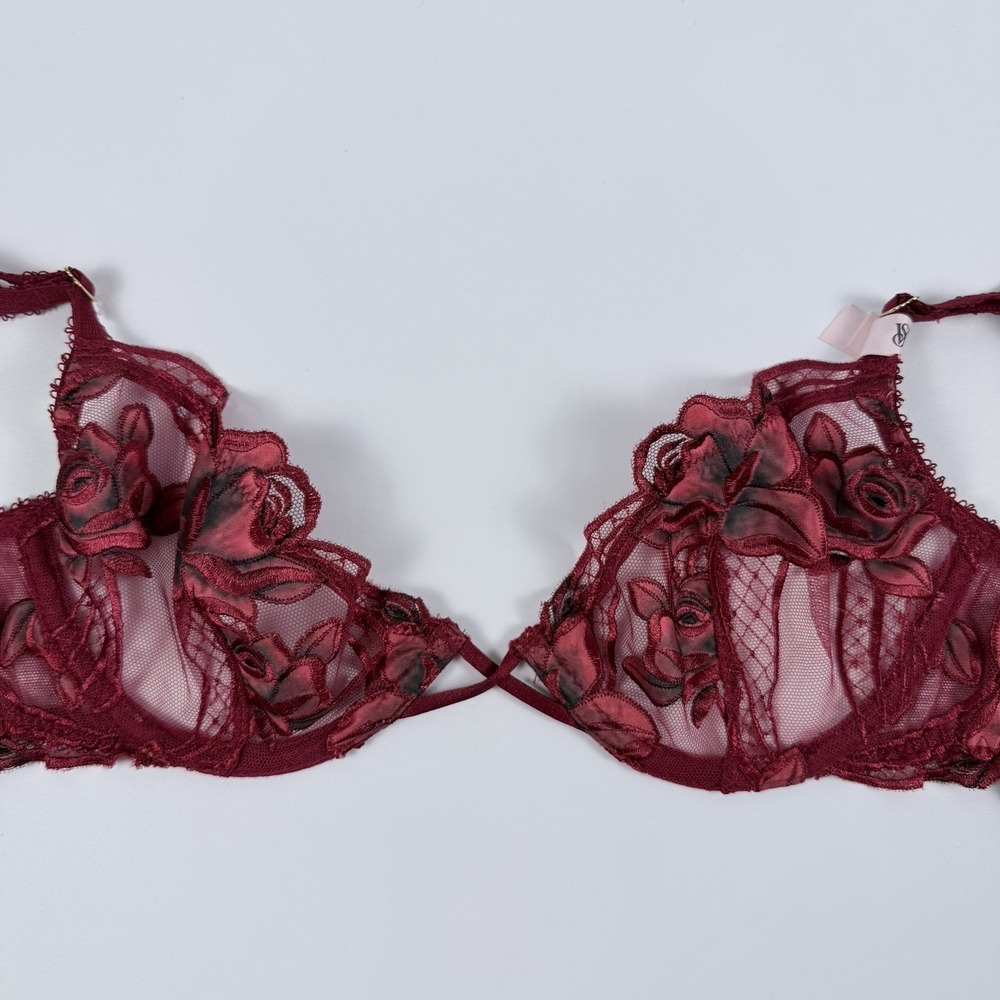 Victoria's Secret Very Sexy Red Rose Lace Unlined Demi Bra 32D Underwire NWT